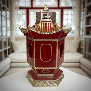 Vintage Battery Lighted Red and Gold  Spiritual Japanese Pagoda Lantern 12"H